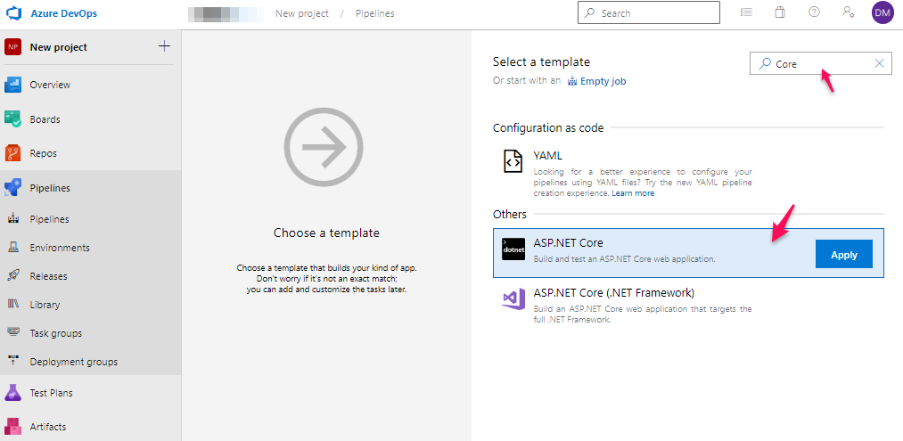 Azure DevOps Choose a template